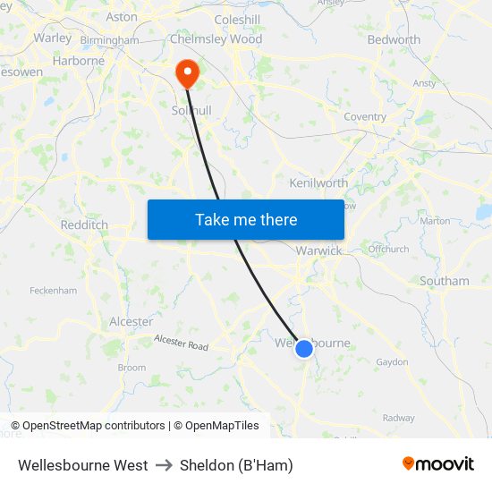 Wellesbourne West to Sheldon (B'Ham) map