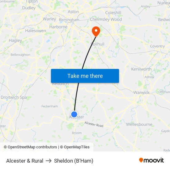 Alcester & Rural to Sheldon (B'Ham) map