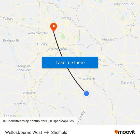 Wellesbourne West to Shelfield map