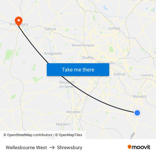 Wellesbourne West to Shrewsbury map