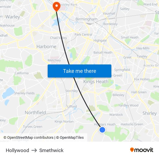 Hollywood to Smethwick map