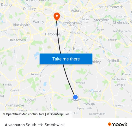 Alvechurch South to Smethwick map