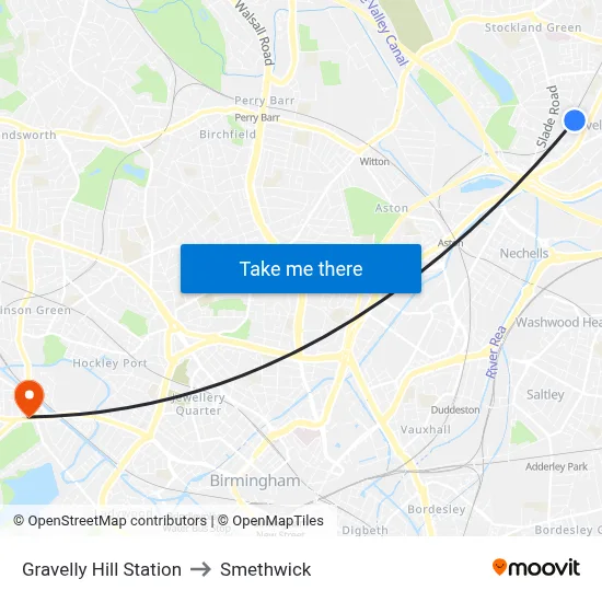 Gravelly Hill Station to Smethwick map