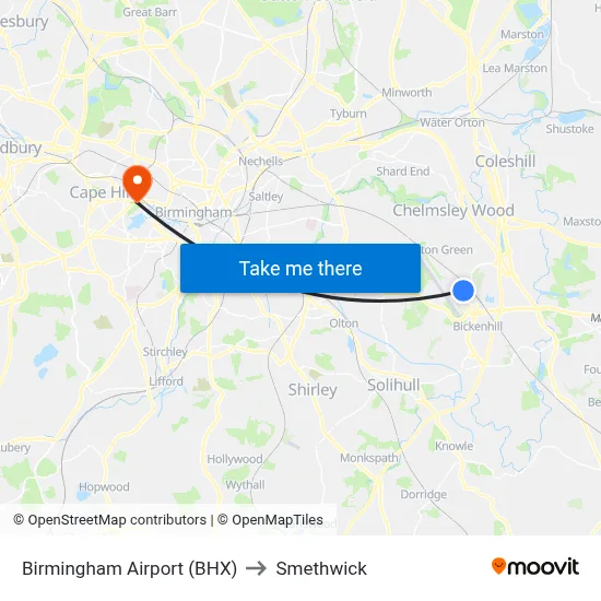 Birmingham Airport (BHX) to Smethwick map