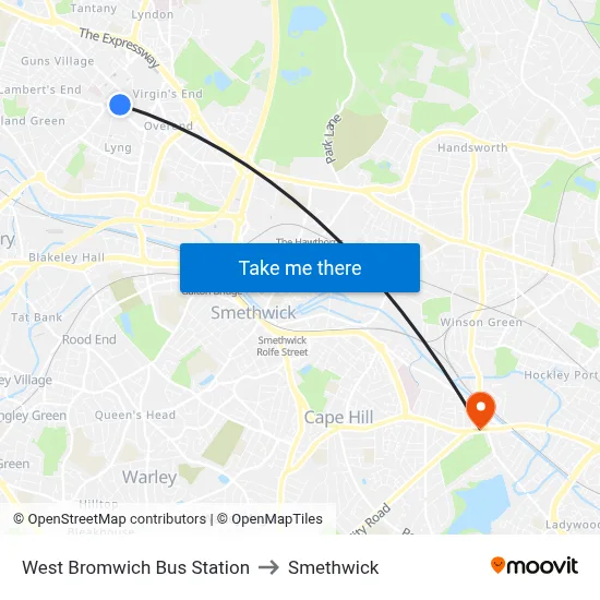 West Bromwich Bus Station to Smethwick map