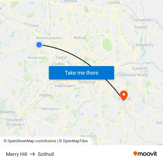 Merry Hill to Solihull map