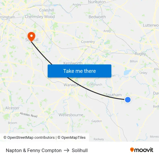 Napton & Fenny Compton to Solihull map