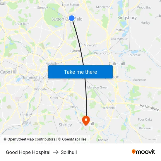 Good Hope Hospital to Solihull map