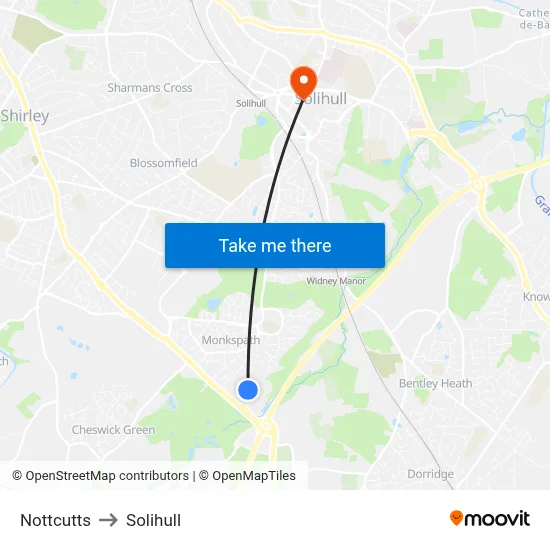 Nottcutts to Solihull map
