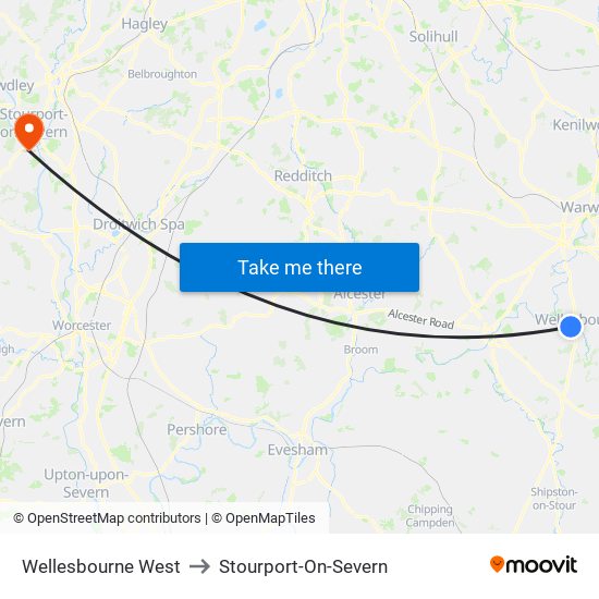 Wellesbourne West to Stourport-On-Severn map