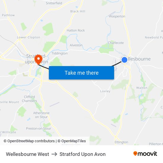 Wellesbourne West to Stratford Upon Avon map