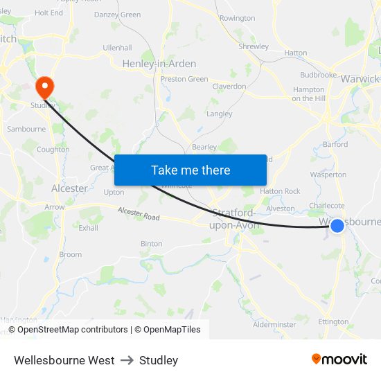 Wellesbourne West to Studley map