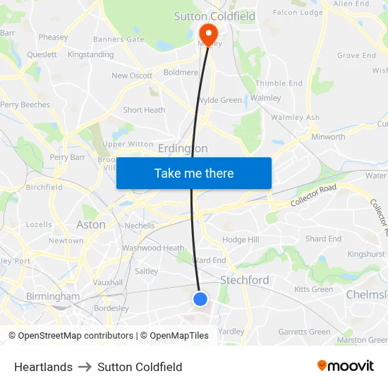 Heartlands to Sutton Coldfield map