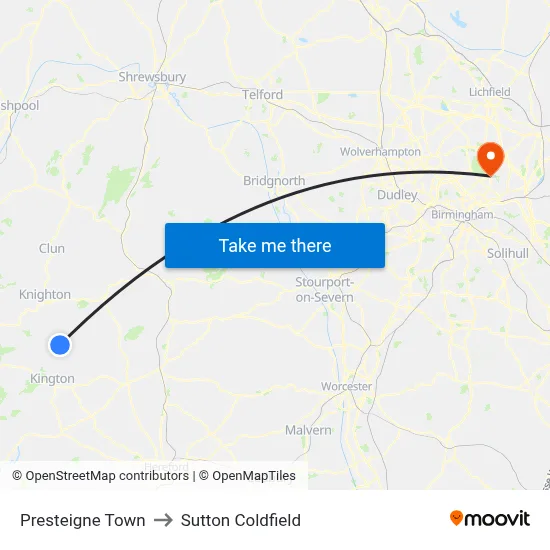Presteigne Town to Sutton Coldfield map
