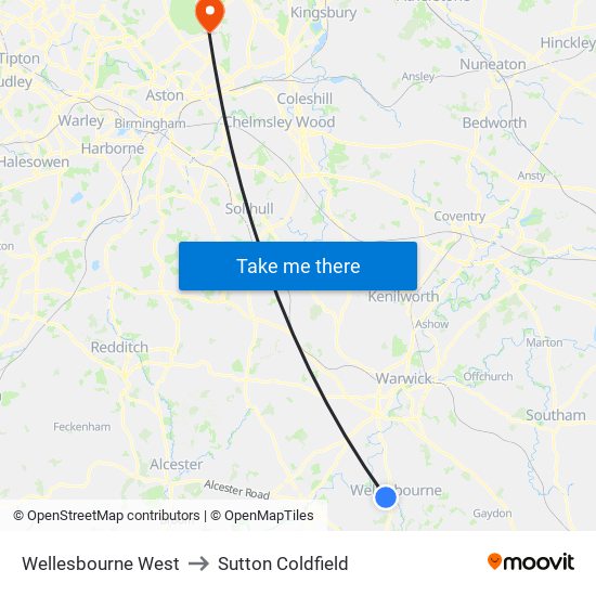 Wellesbourne West to Sutton Coldfield map