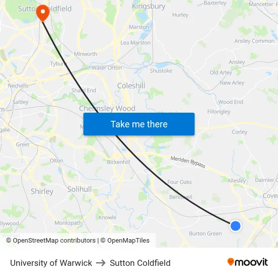 University of Warwick to Sutton Coldfield map