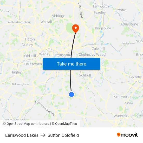 Earlswood Lakes to Sutton Coldfield map