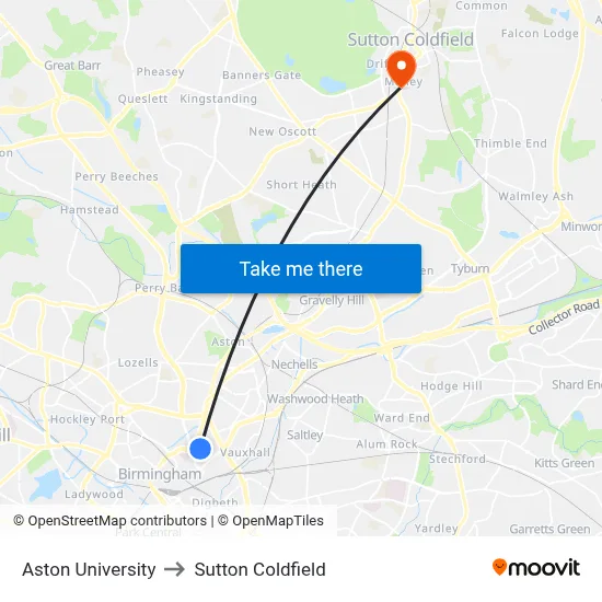 Aston University to Sutton Coldfield map