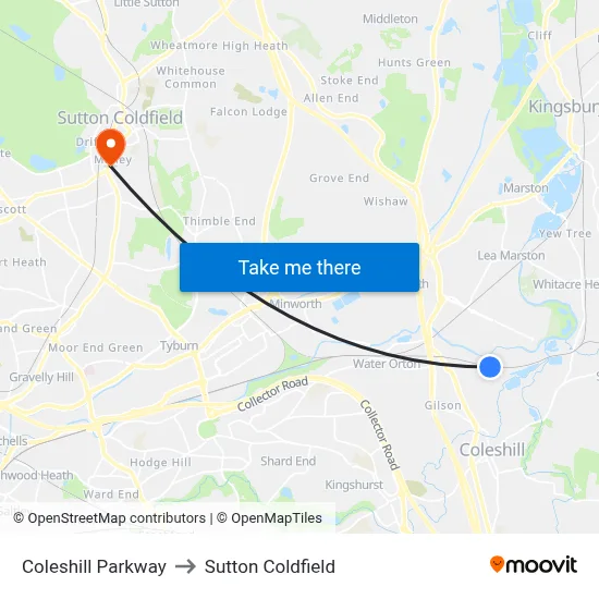 Coleshill Parkway to Sutton Coldfield map