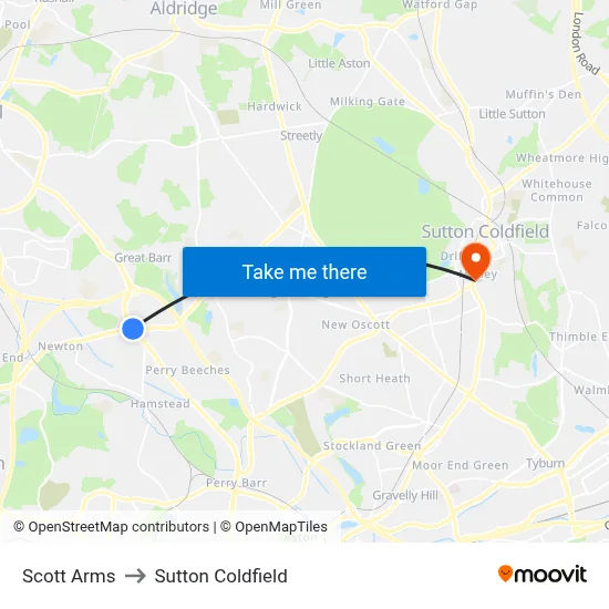 Scott Arms to Sutton Coldfield map