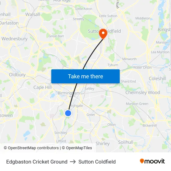 Edgbaston Cricket Ground to Sutton Coldfield map
