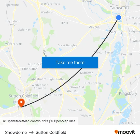 Snowdome to Sutton Coldfield map