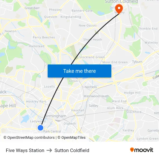 Five Ways Station to Sutton Coldfield map