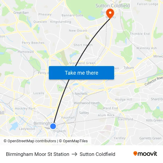 Birmingham Moor St Station to Sutton Coldfield map