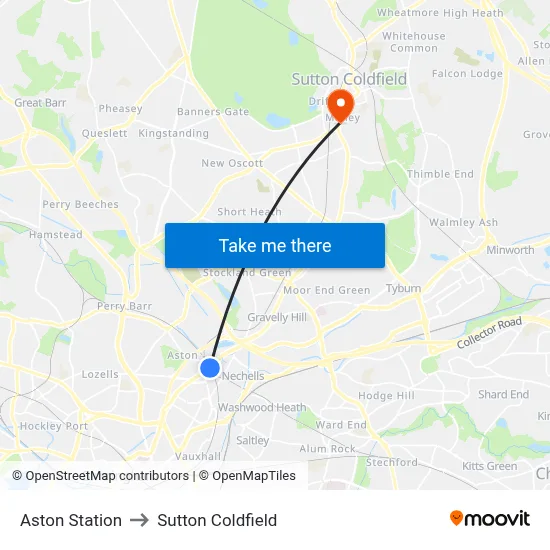 Aston Station to Sutton Coldfield map