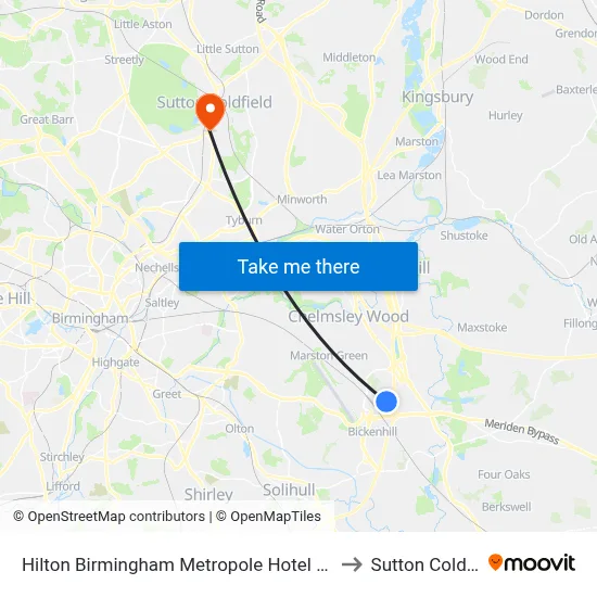 Hilton Birmingham Metropole Hotel Bickenhill to Sutton Coldfield map