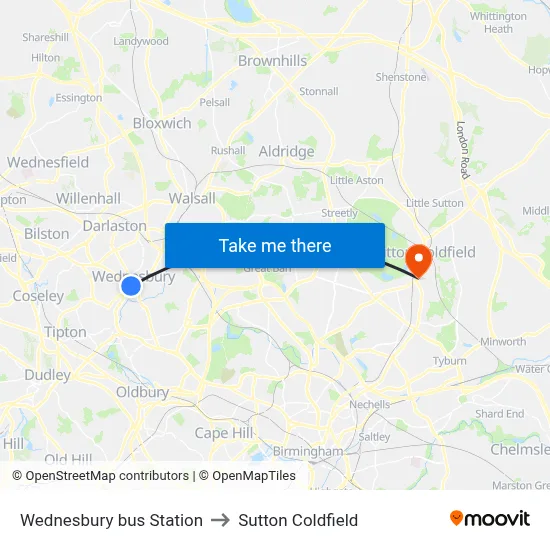 Wednesbury bus Station to Sutton Coldfield map