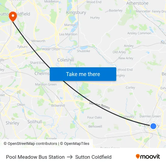 Pool Meadow Bus Station to Sutton Coldfield map