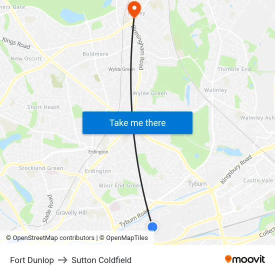 Fort Dunlop to Sutton Coldfield map