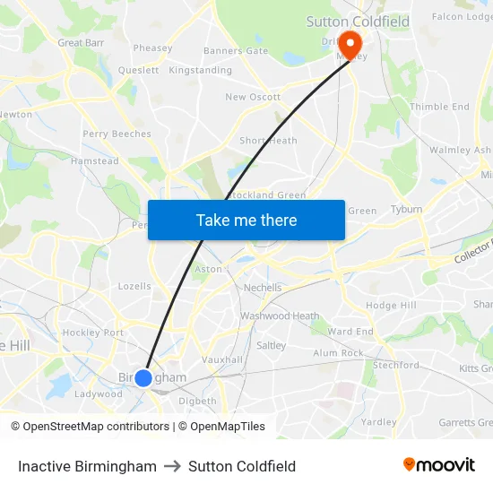 Inactive Birmingham to Sutton Coldfield map