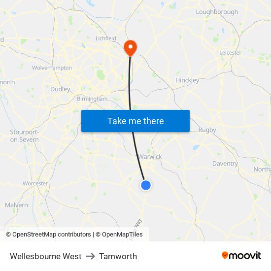 Wellesbourne West to Tamworth map