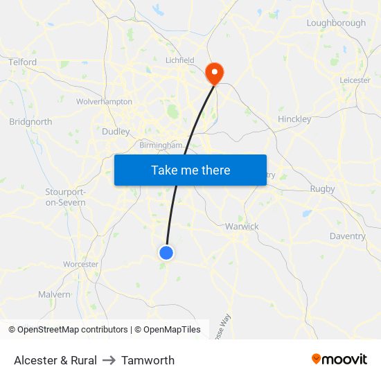 Alcester & Rural to Tamworth map