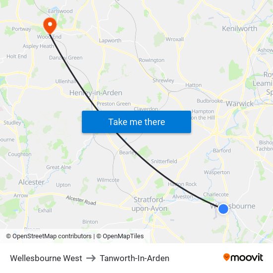 Wellesbourne West to Tanworth-In-Arden map