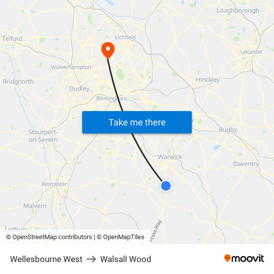 Wellesbourne West to Walsall Wood map