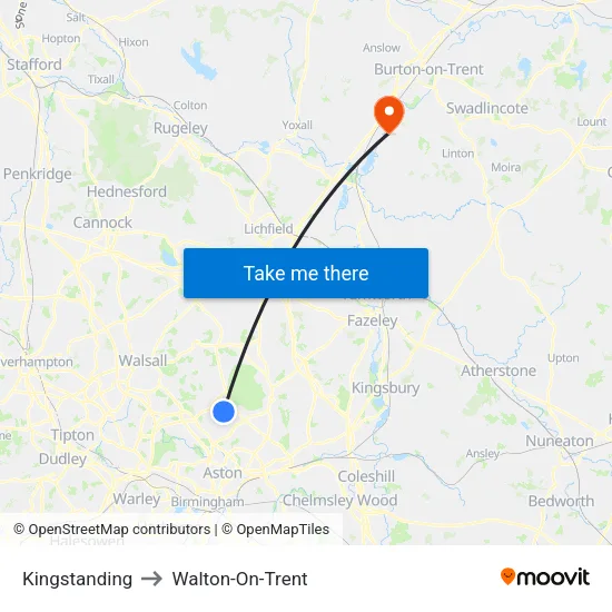 Kingstanding to Walton-On-Trent map
