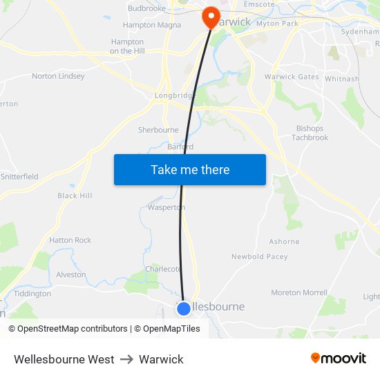 Wellesbourne West to Warwick map