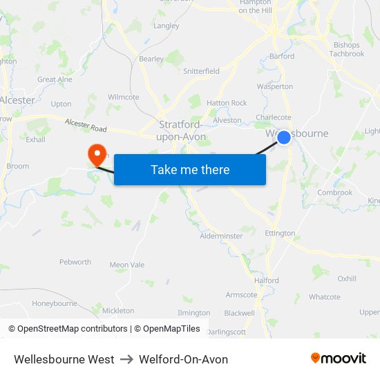 Wellesbourne West to Welford-On-Avon map