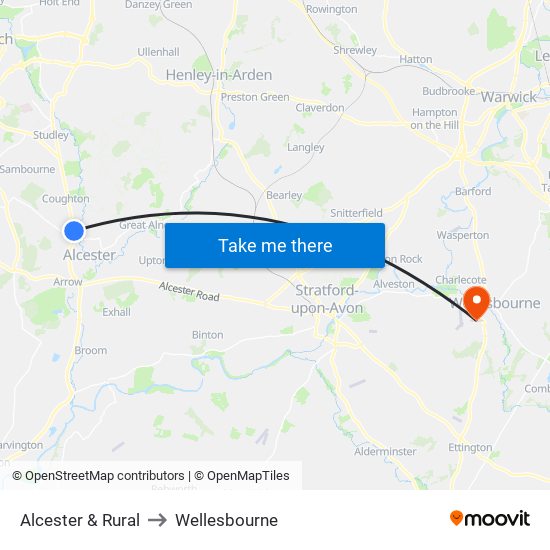 Alcester & Rural to Wellesbourne map
