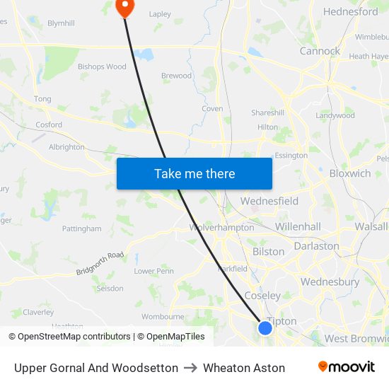 Upper Gornal And Woodsetton to Wheaton Aston map