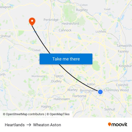 Heartlands to Wheaton Aston map