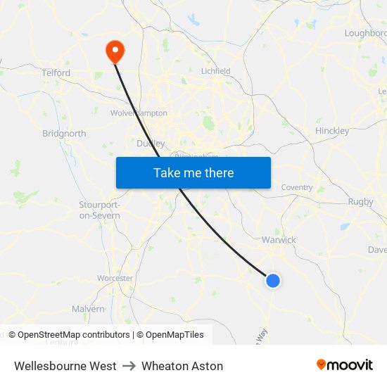 Wellesbourne West to Wheaton Aston map