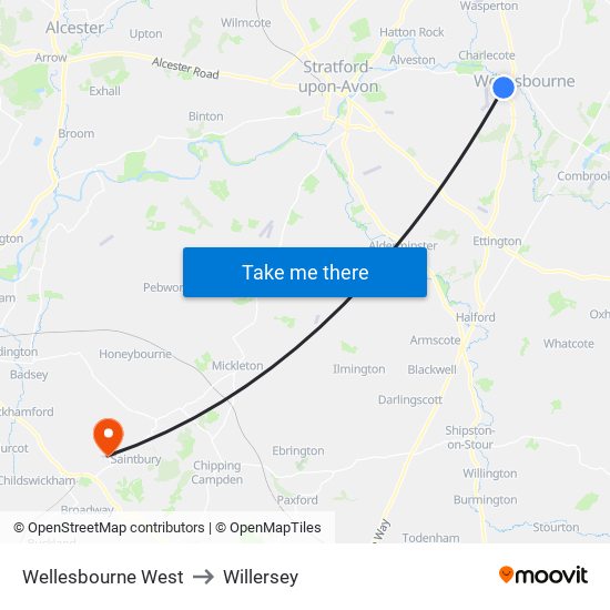 Wellesbourne West to Willersey map