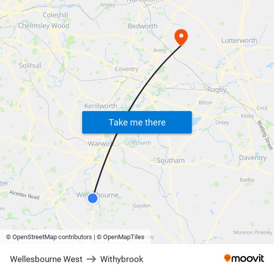 Wellesbourne West to Withybrook map