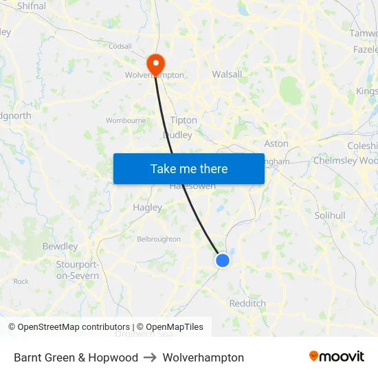 Barnt Green & Hopwood to Wolverhampton map