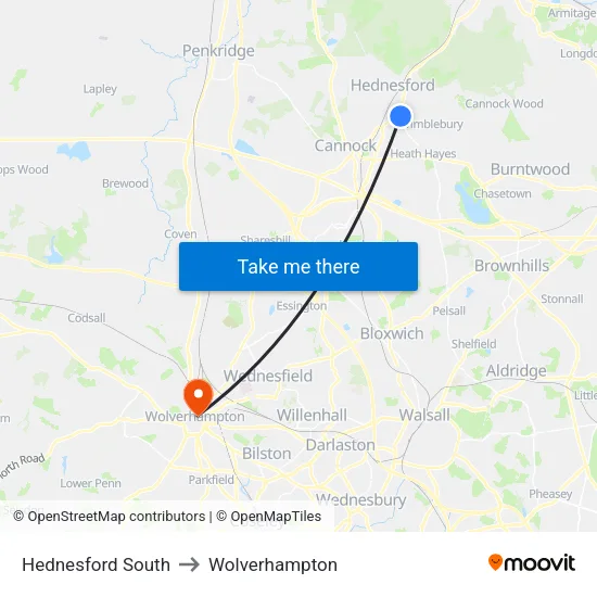 Hednesford South to Wolverhampton map