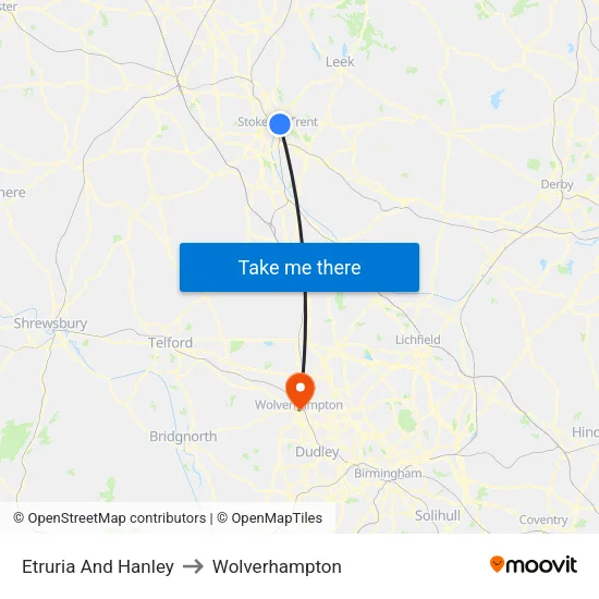 Etruria And Hanley to Wolverhampton map